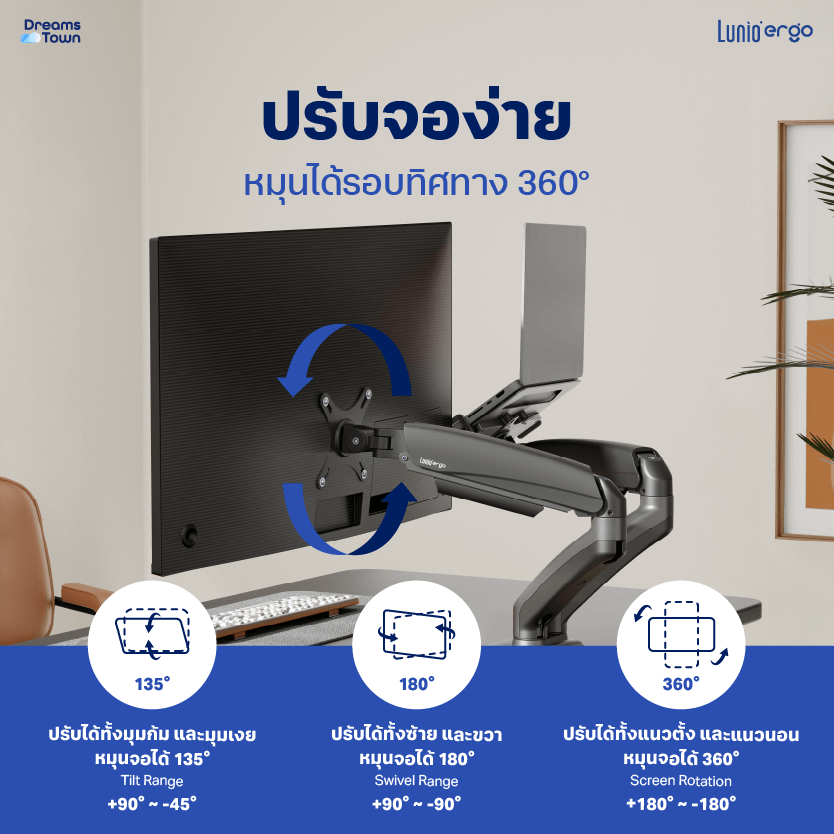 LUNIO ERGO MONITOR ARM CYBOT แขนจับจอ ขาตั้งจอ สีเทา หมุนได้360° ช่วยปรับท่านั่ง ลดดการปวดคอบ่าไหล่ เพิ่มจำนวนจอคอม 1 แขน